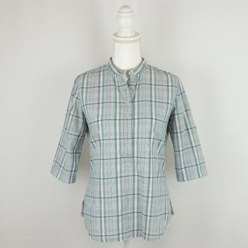 GoLite Women's Small Blue White Plaid  3/4 Sleeve Collared Popover Blouse